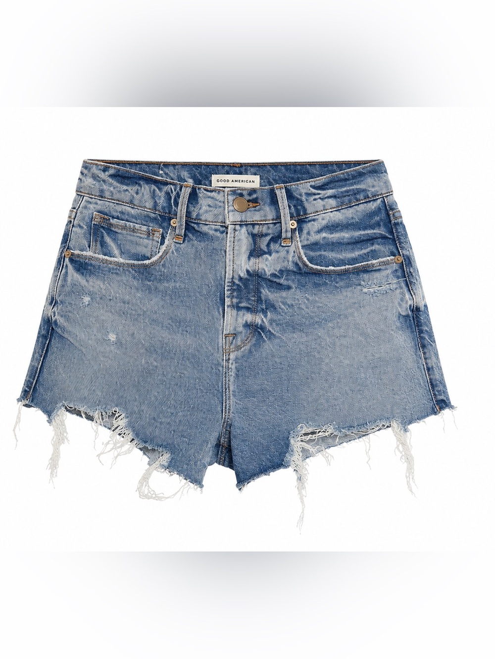 Good American Light Blue Distressed High-Rise Denim Shorts